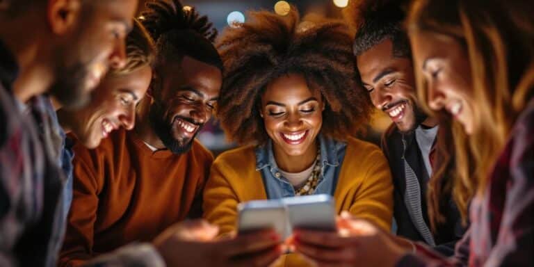 Grupo diversificado usando dispositivos digitais em interação.