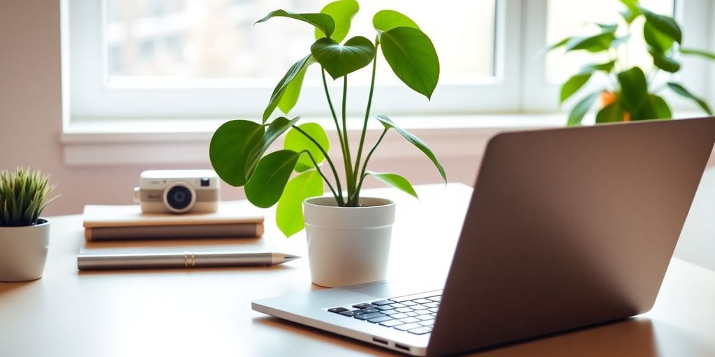 Espaço de trabalho vibrante com laptop e planta.